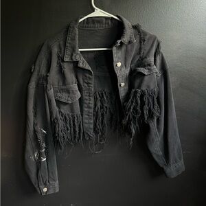 Black cropped fringe denim jacket